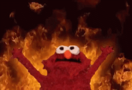 Esto también es un meme. GIF de Elmo (personaje de Barrio Sésamo) levantando los brazos con el fondo ardiendo. Representativo de la situación actual en el mundo.